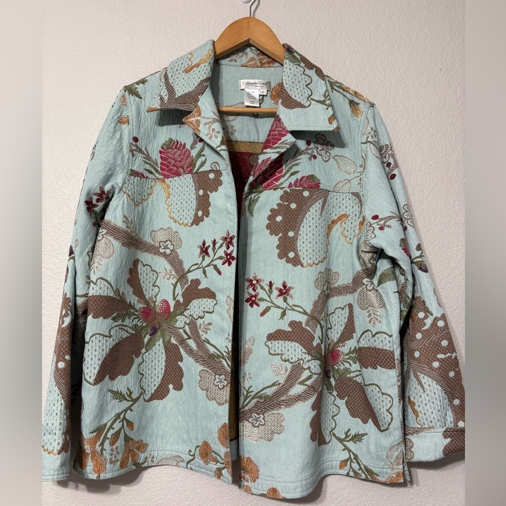 Coldwater Creek Jacquard TapestryBrocade Aqua Blue Fall Floral Open Front Jacket